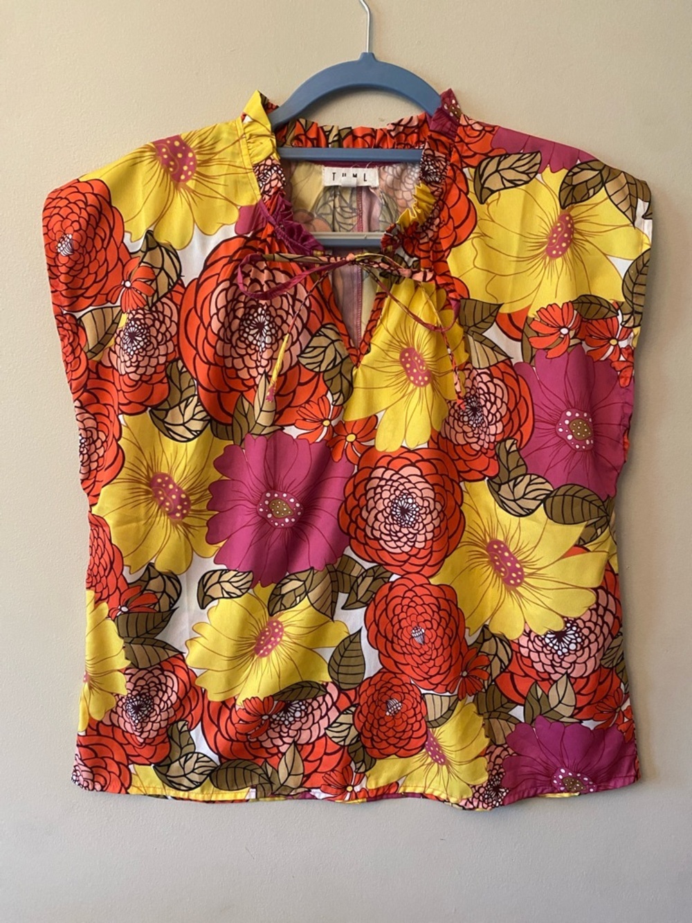 THML Floral Tie-Neck Cap Sleeve Top - Yellow/Pink/Orange/Red